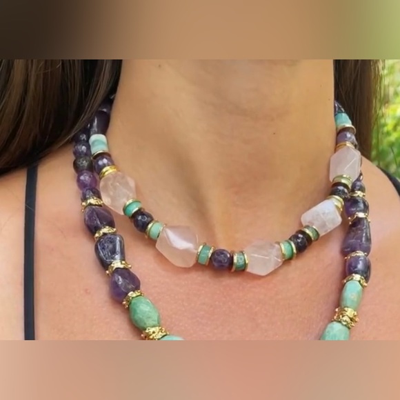 Gemstone Necklace | Pink Quartz & Amazonite | Handcrafted Luxury Jewelry - Picture 5 of 10